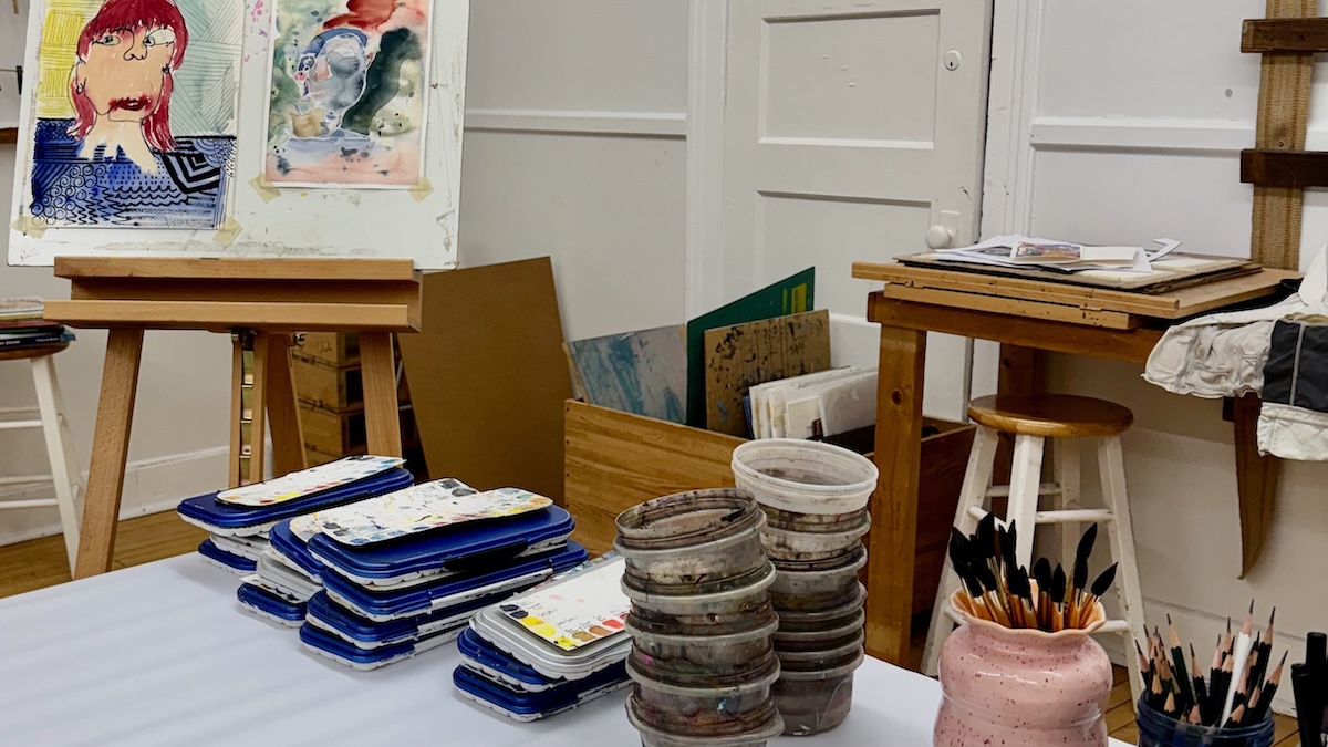 Watercolor supplies set up for attendees to use at an Art Bar event in Pottersville NJ