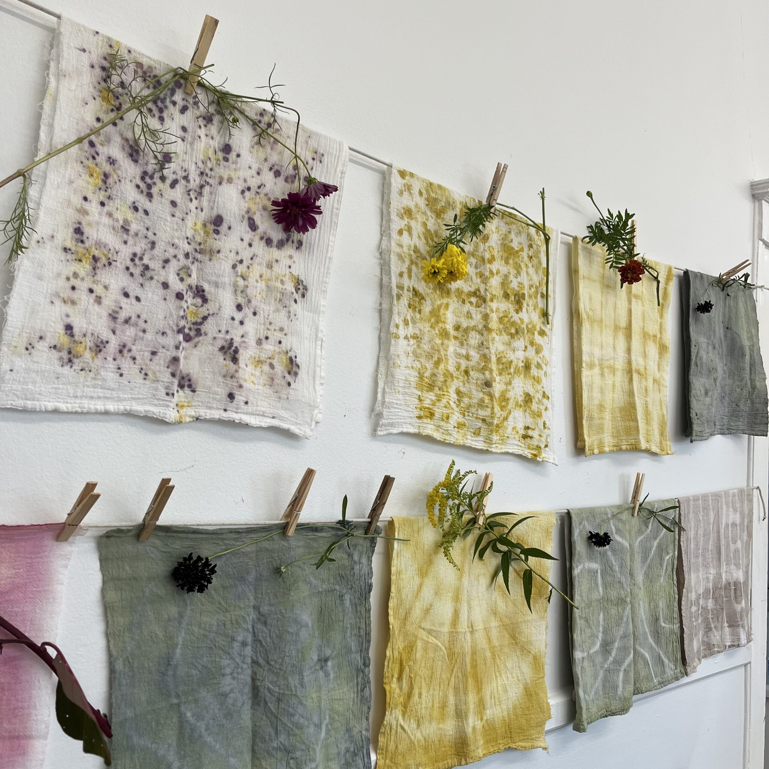 Naturally dyed fabric swatches in purple, yellow, sage green, and mauve hanging on a line with fresh flowers and foliage, showing results from a botanical dyeing process at A Maker's Circle in Pottersville, NJ