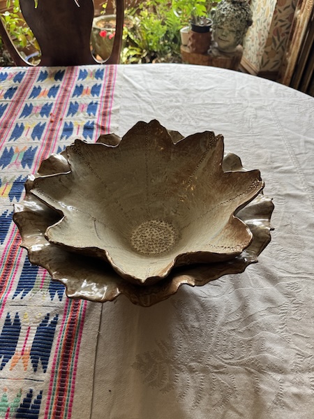 Handmade ceramic lotus bowl created in hand building pottery class