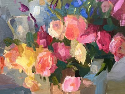 Oil painting by Christine Lafuente depicting a still life of flowers in a vase