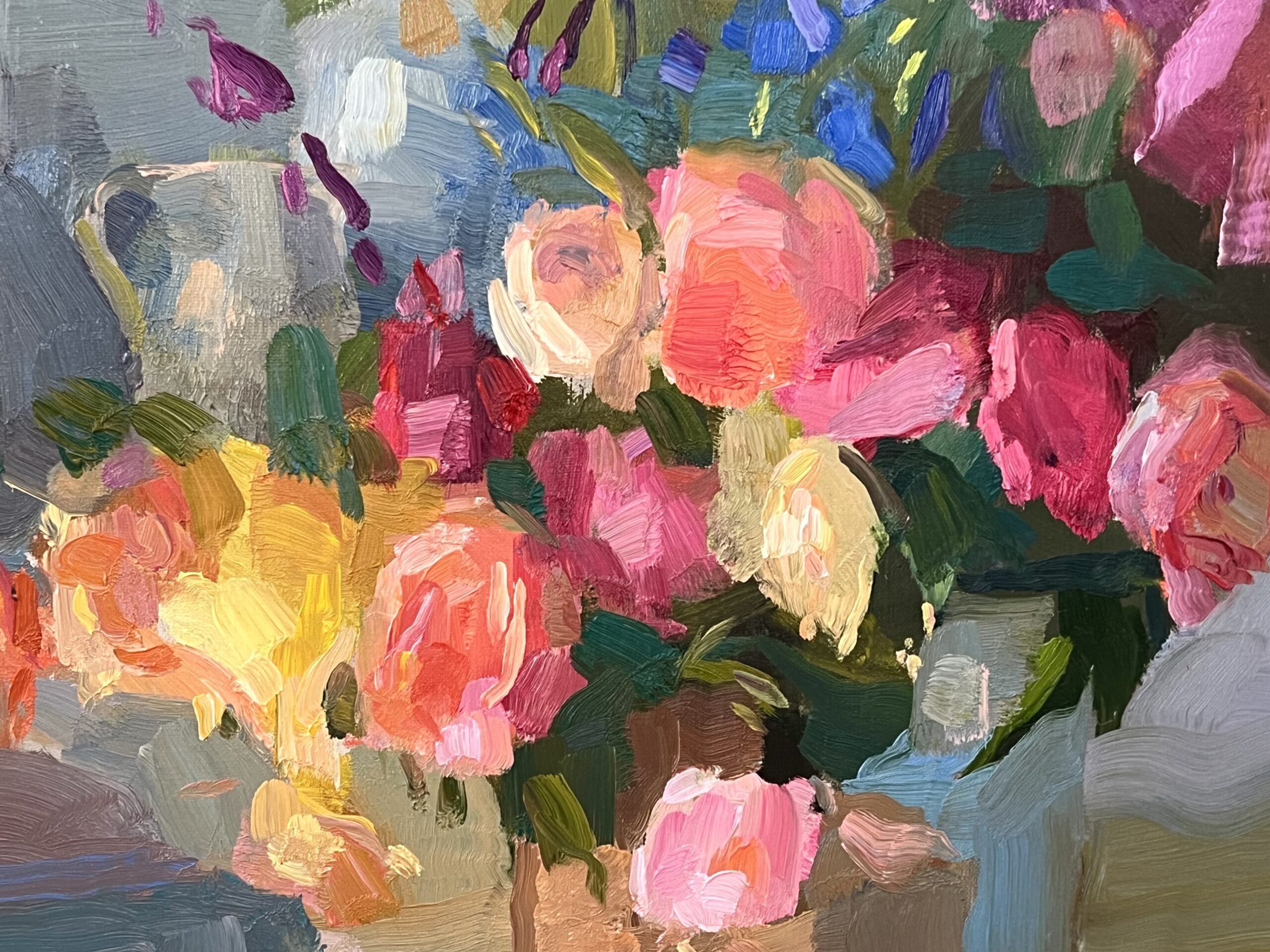 Oil painting by Christine Lafuente depicting a still life of flowers in a vase