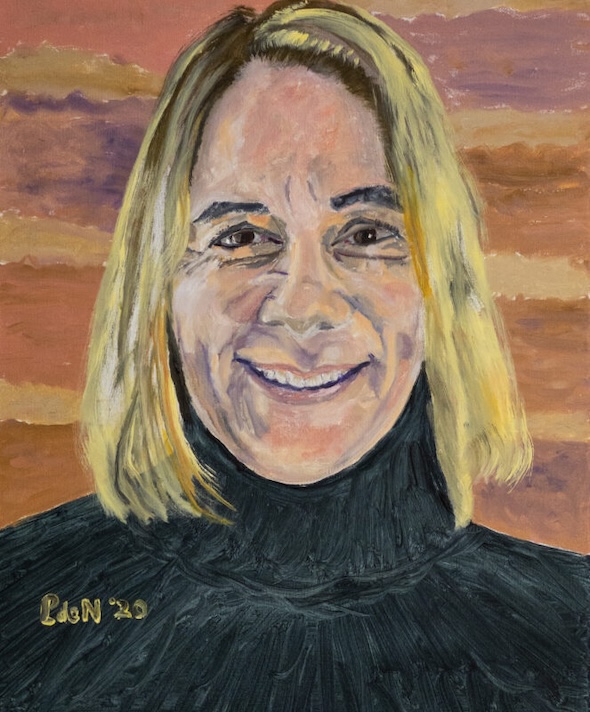 Painted portrait of Susan Palmer, pottery instructor at A Maker's Circle in Pottersville NJ, by artist Linda de Neufville