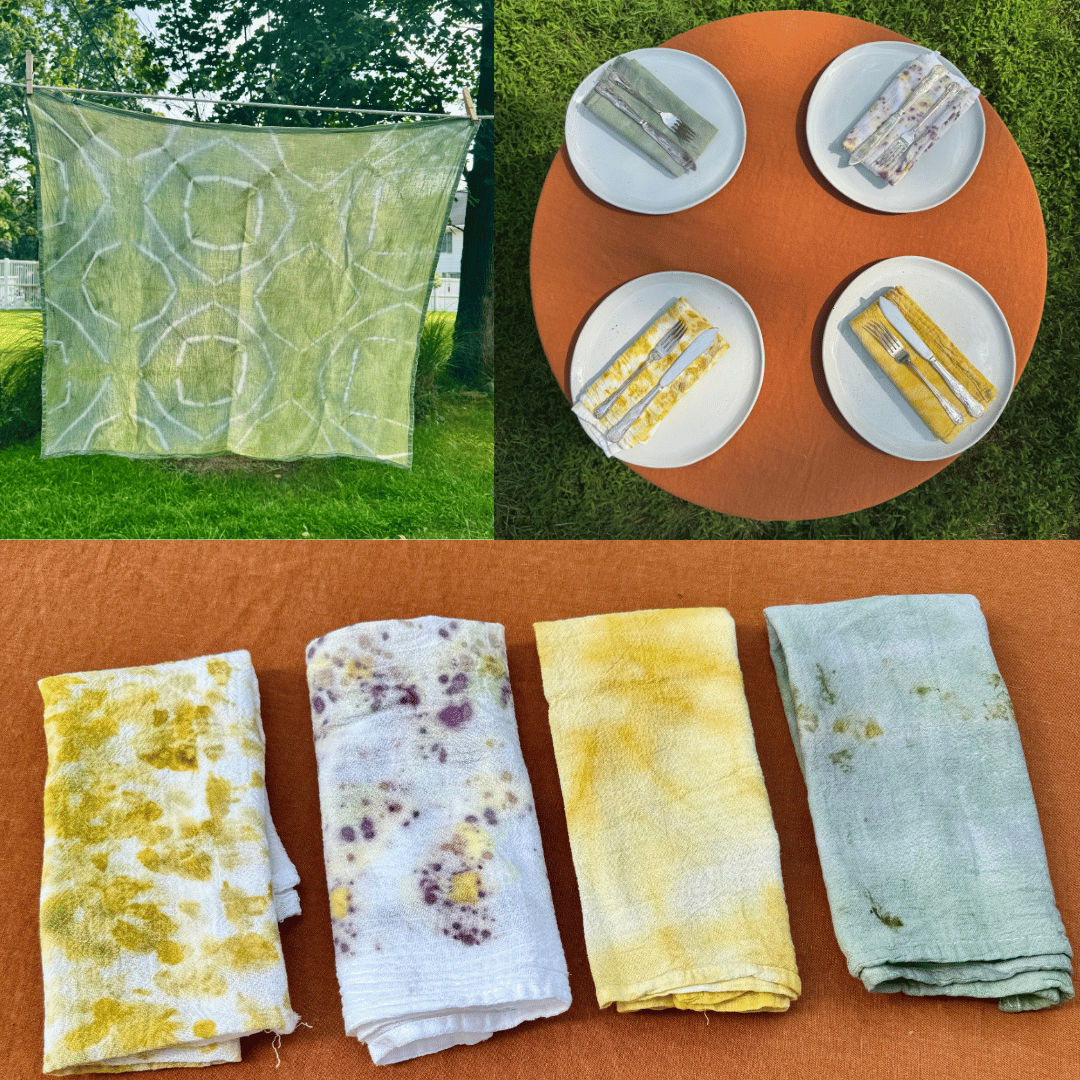 Four naturally dyed cotton tea towels in yellow, plum, gold, and sage green, folded and styled as napkins alongside a shibori-dyed cloth drying outdoors — made in A Maker's Circle's Natural Dyeing Workshop.