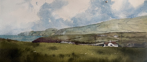 Original watercolor painting of an Irish coastal landscape with rolling green hills and white cottages by Jacqueline Pidgeon Pankuck, watercolor instructor at A Maker's Circle in Pottersville NJ